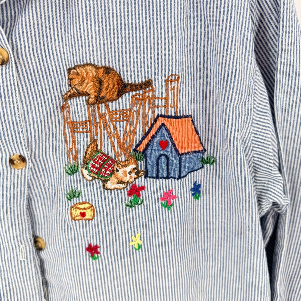 Vintage Pinstripe Embroidered Birdhouse Shirt Blue Corduroy Collar Size Small‎ - Picture 4 of 7